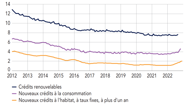 Taux d’intérêt moyens annuels sur les crédits aux particuliers  en France (en%)