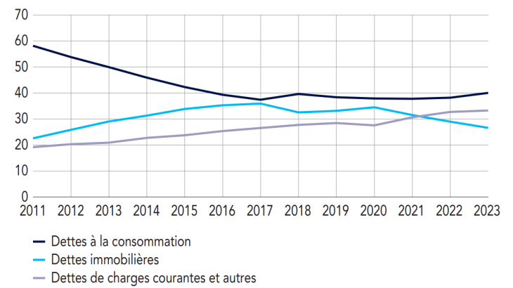 Part des grandes catégories de dettes dans l’endettement global  des ménages surendettés (en%)