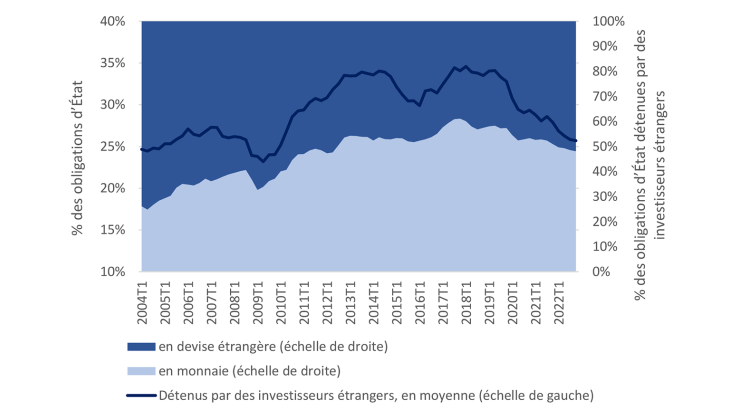 Graphique 1 : Obligations d’État des EME détenues par des investisseurs internationaux, ventilation par devises de 2004T1 à 2021T1