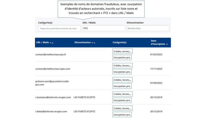 Exemples de noms de domaines frauduleux, avec usurpation d'identité d'acteurs autorisés, inscrits sur liste noire et trouvés en recherchant "ptz" dans URL/Mails