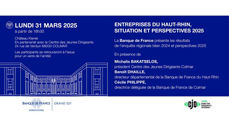 Lundi 31 mars à 18h30 au château Kiener à Colmar, la Banque de France présente les résultats de l'enquête régionale bilan 2024 et perspectives 2025 en Grand est