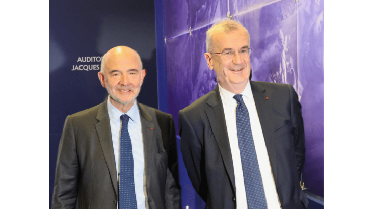 Pierre Moscovici, Premier Président de la Cour des Comptes (à gauche) et François Villeroy de Galhau, gouverneur de la Banque de France (à droite) le 31 mars 2025