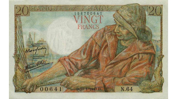 recto du billet de 20F pêcheur de 1942