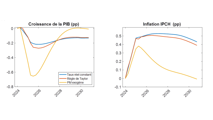 Réaction du PIB et de l’inflation aux chocs de taxe carbone, selon différentes hypothèses de politique monétaire