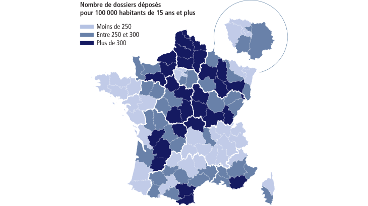 Dépôts de dossiers de surendettement par département en 2025