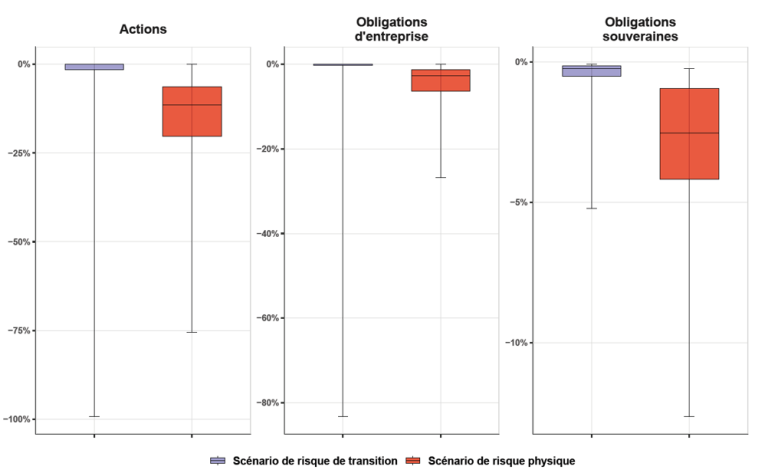 Graphique 1 :  Chocs de valorisation de marché : distribution par classe d’actif et scénario