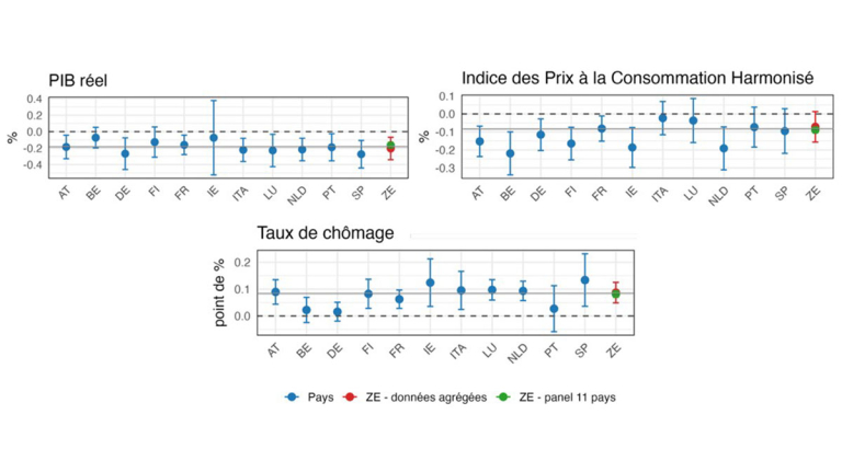 Figure 1. Réponses de l’activité, des prix et du taux de chômage, un an après un choc de politique monétaire.