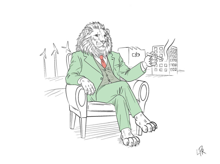 lion en costume vert fumant le cigare assis dans un fauteuil