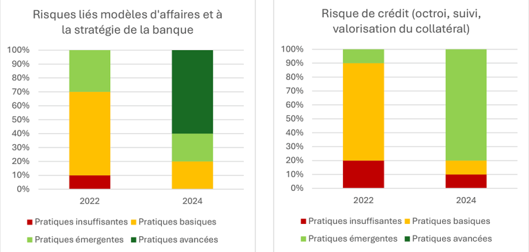 Évaluation de la gestion des risques C&E des 10 plus grandes banques françaises pour deux catégories de risque (2022-2024)
