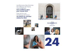 Visuel de présentation des vœux de la Banque de France avec des photos d'agents