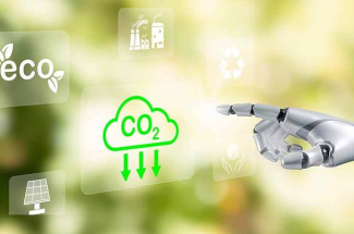 Main d'un robot pointant vers un nuage de CO2
