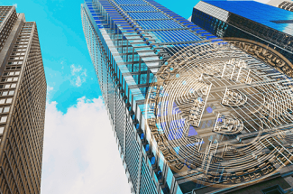 bitcoin sur fond de gratte-ciel