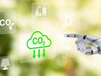 Main d'un robot pointant vers un nuage de CO2