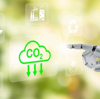 Main d'un robot pointant vers un nuage de CO2