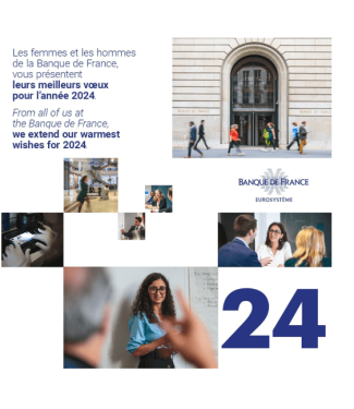 Visuel de présentation des vœux de la Banque de France avec des photos d'agents