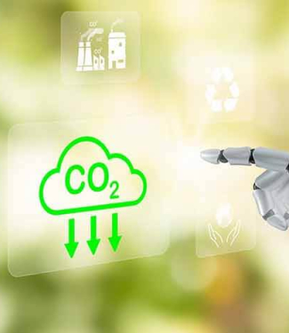 Main d'un robot pointant vers un nuage de CO2