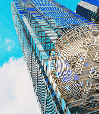 bitcoin sur fond de gratte-ciel