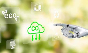 Main d'un robot pointant vers un nuage de CO2